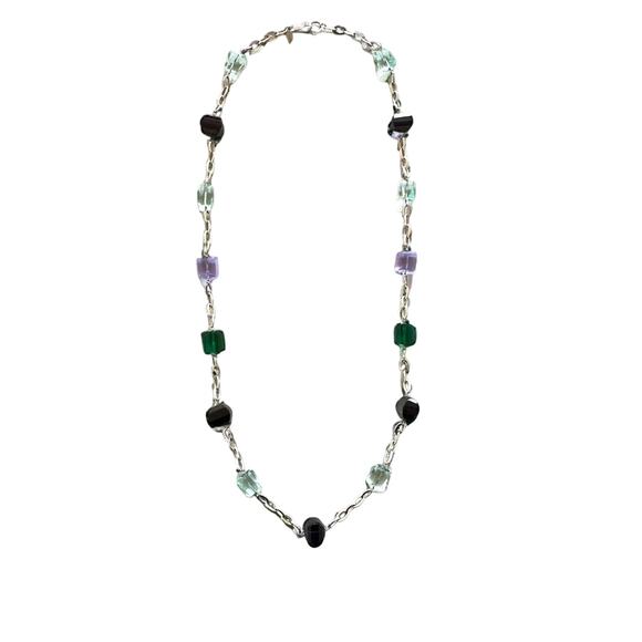 Colored Glass Stones Necklace 40" Claudia Agudelo Long Links With  Silver Tone - Picture 1 of 8
